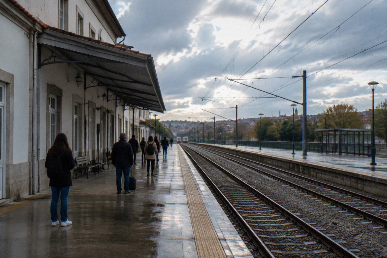 A Portuguese regional train at a station platform with passengers waiting to board