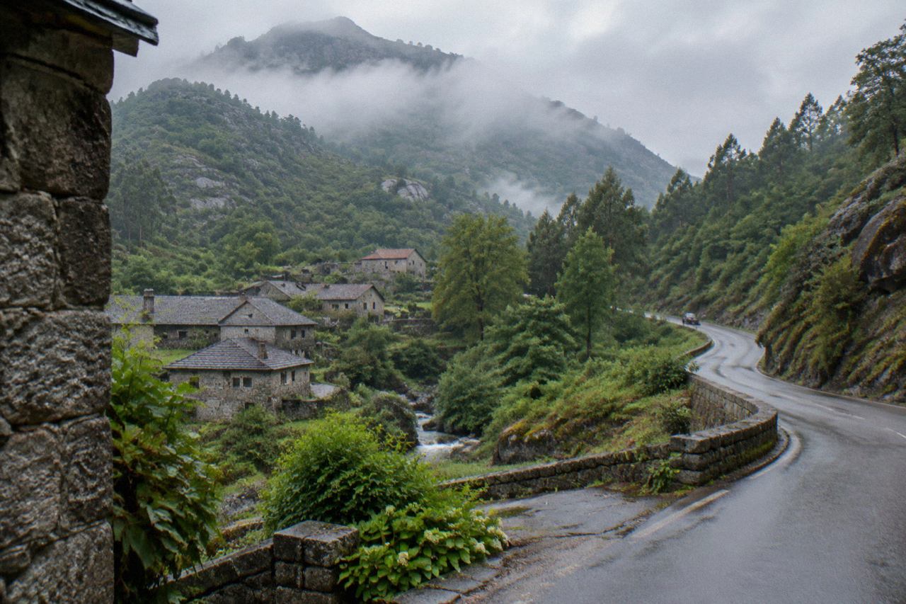 A winding mountain road through forested hills in Peneda-Gerês National Park