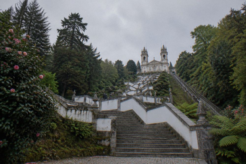 The baroque stairway of Bom Jesus do Monte rising through woodland above Braga