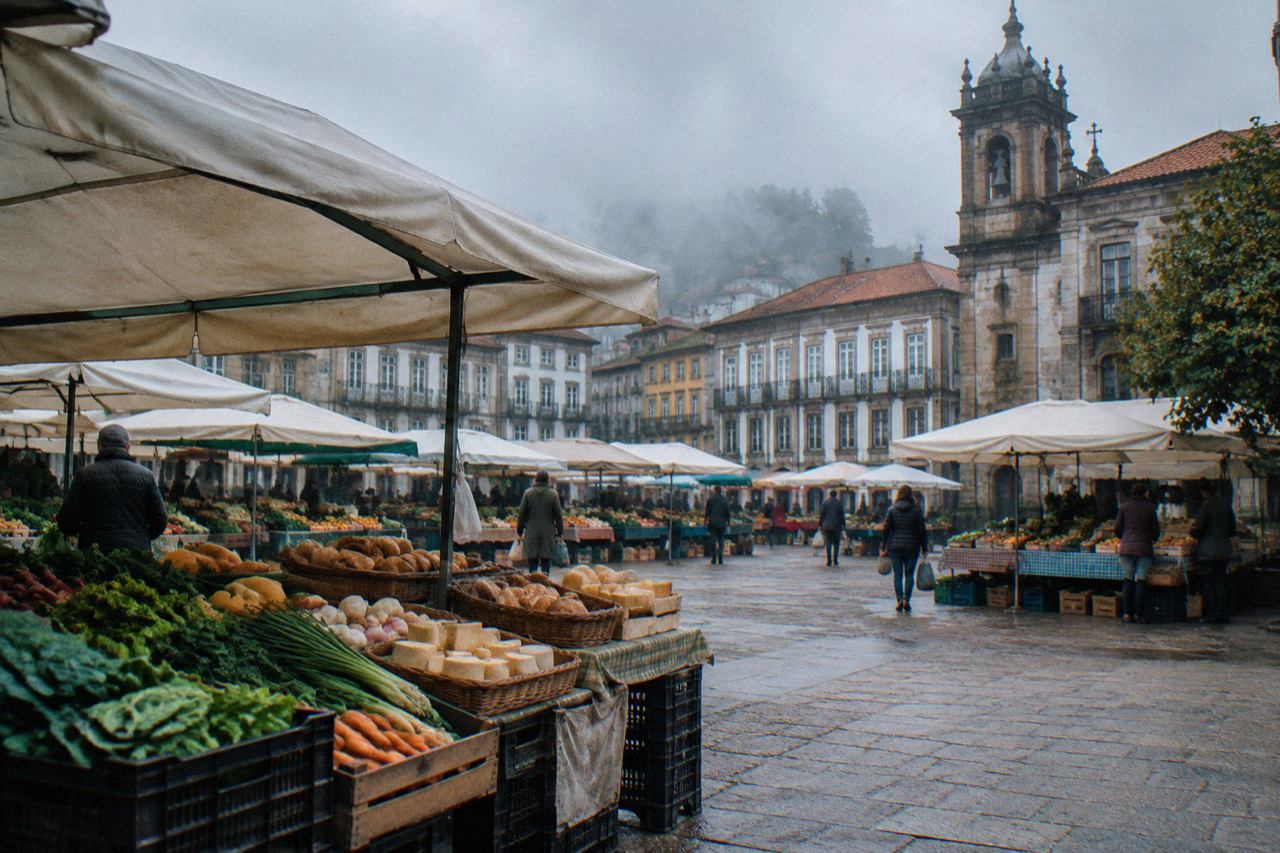 Weekly market stalls spread across a square in Barcelos with historic buildings behind them