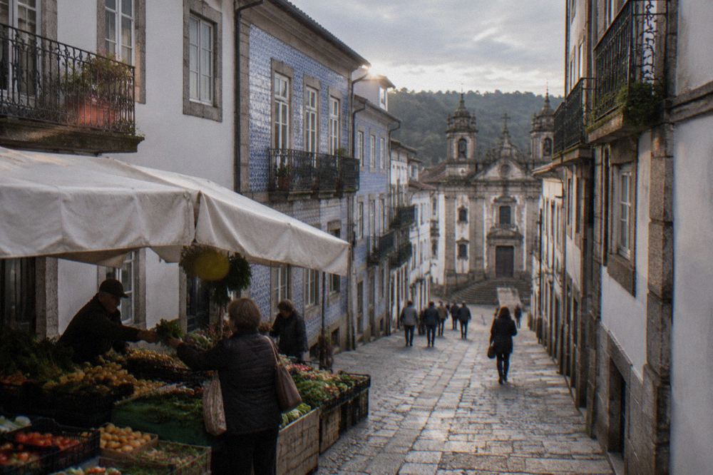 A market stallholder handing produce to a customer beside handwritten Portuguese price signs