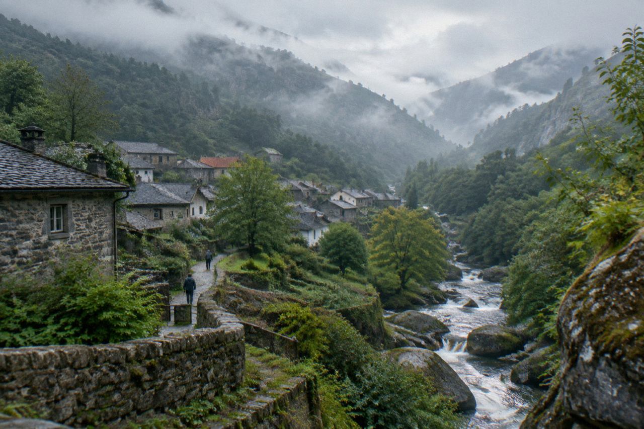 Wooded mountain valley with a river running through Peneda-Gerês National Park