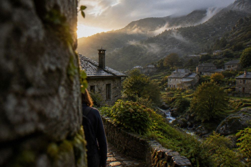 Granite village houses with slate roofs on a green hillside in Peneda-Gerês