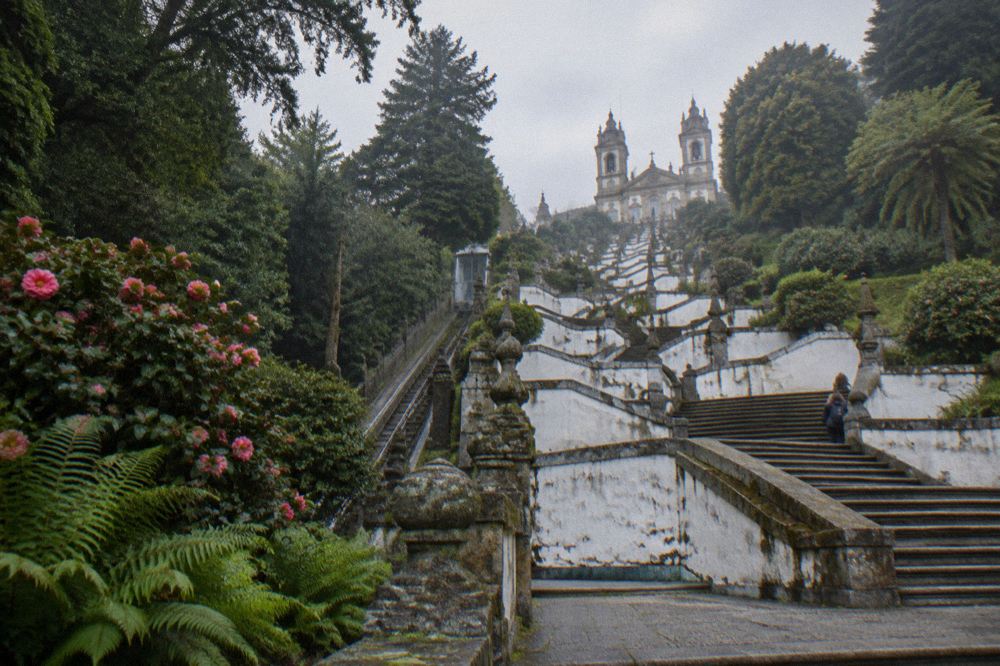 Braga's Bom Jesus do Monte baroque stairway rising through trees towards the sanctuary