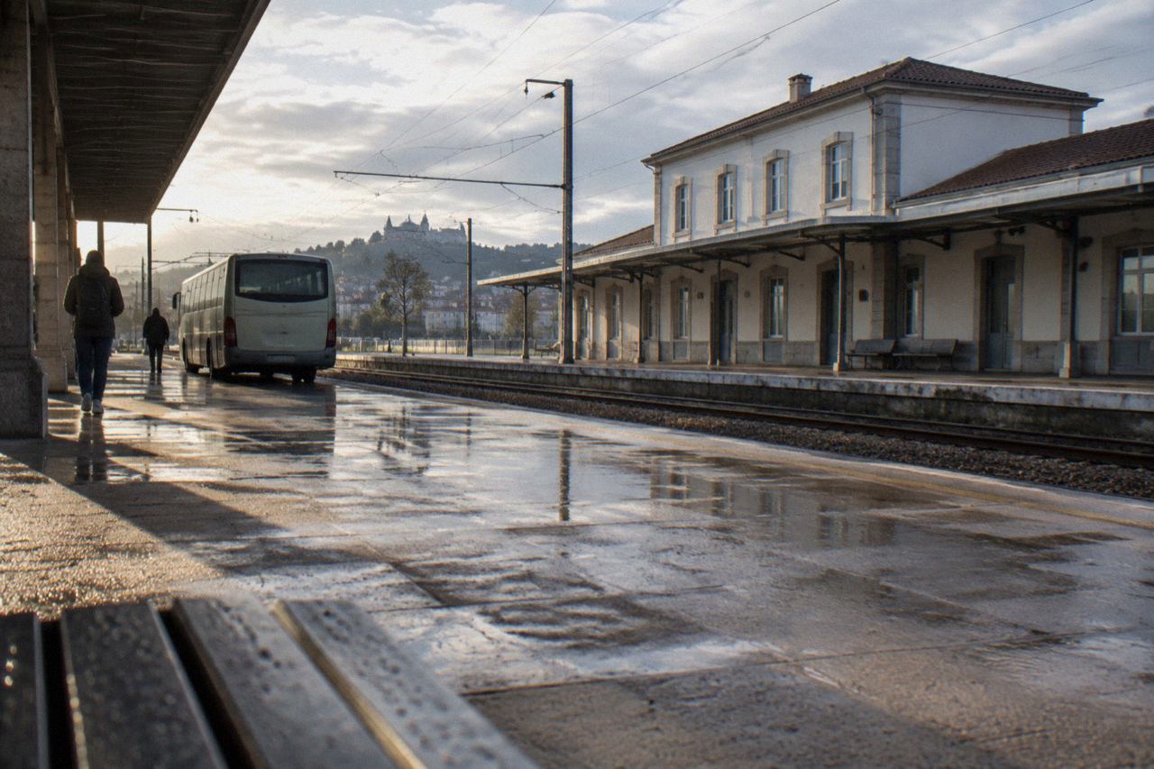 A regional bus waiting at a station platform in a northern Portuguese city