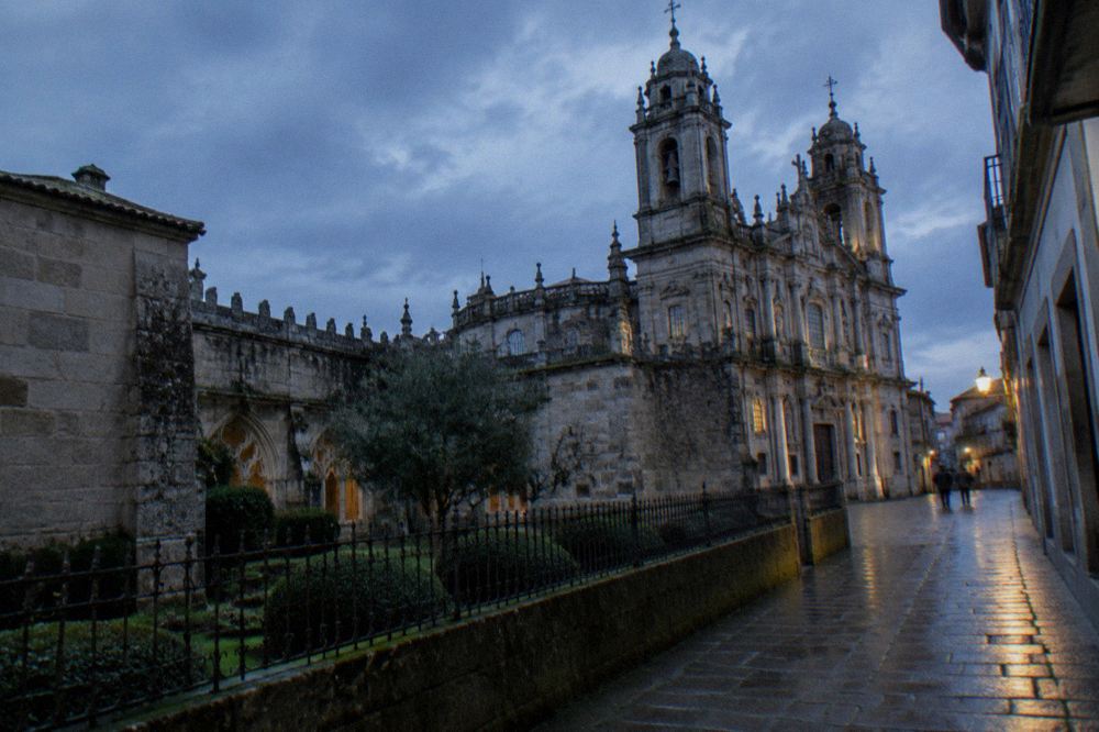 Baroque façade of Braga cathedral seen from a narrow street in the historic centre
