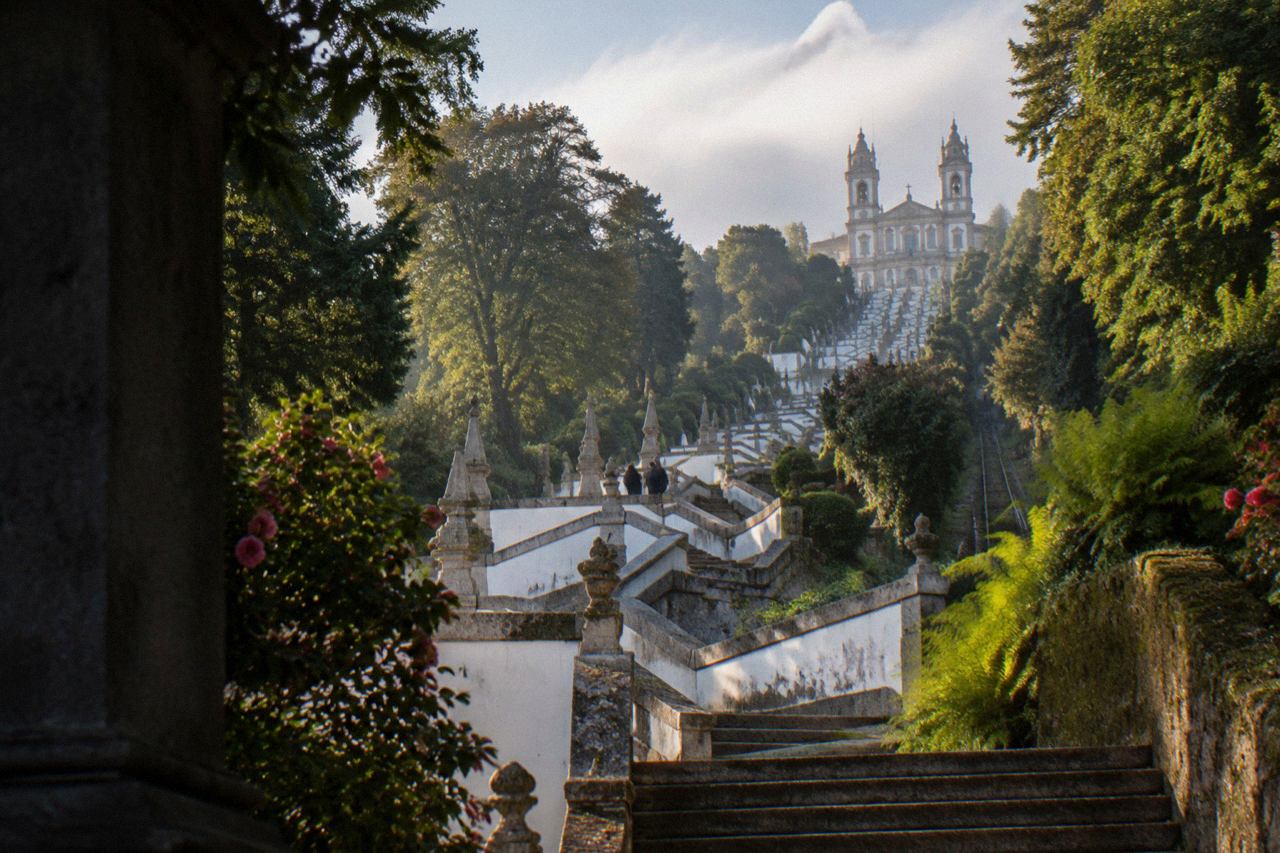 The Bom Jesus do Monte sanctuary seen from the wooded hillside above Braga