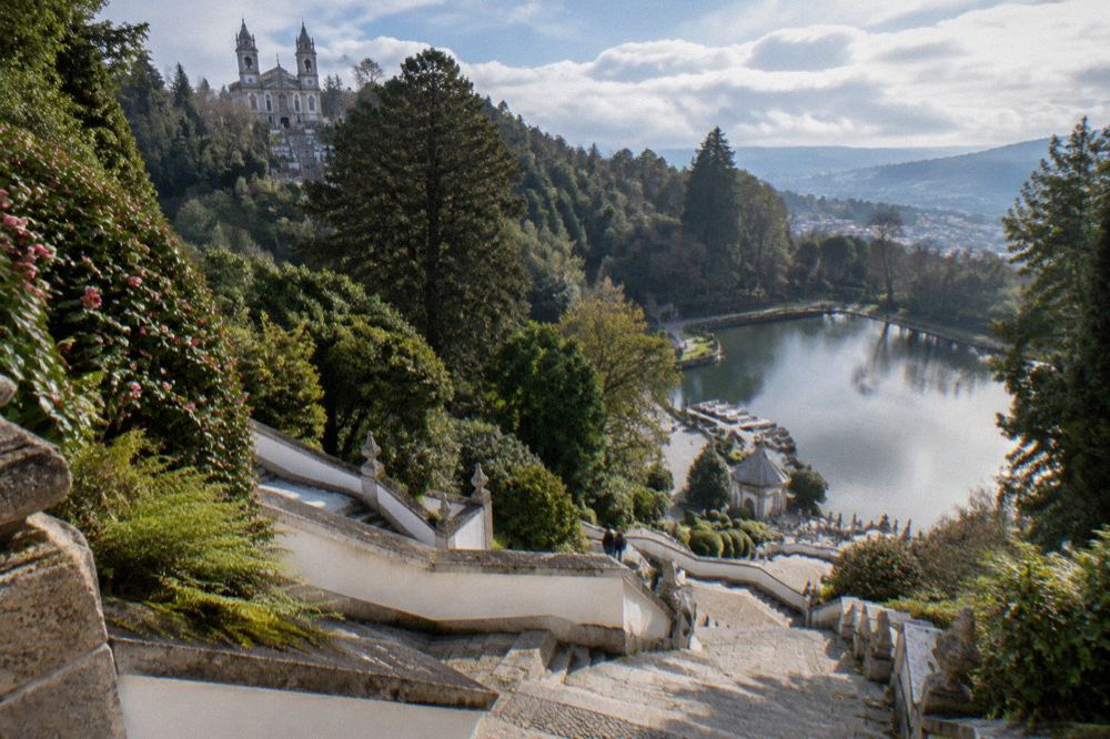 The lake at Bom Jesus do Monte with rowing boats moored beside the gardens