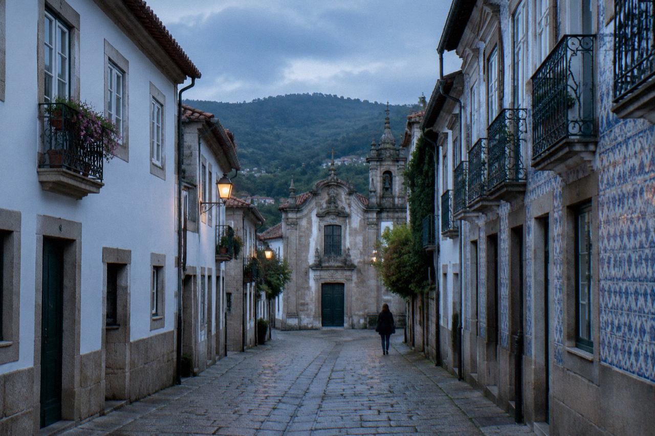 A quiet residential street in eastern Braga with low houses and green hills in the background
