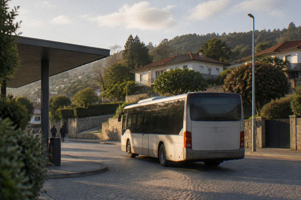 A regional bus pulling out of a station forecourt in northern Portugal on a bright morning