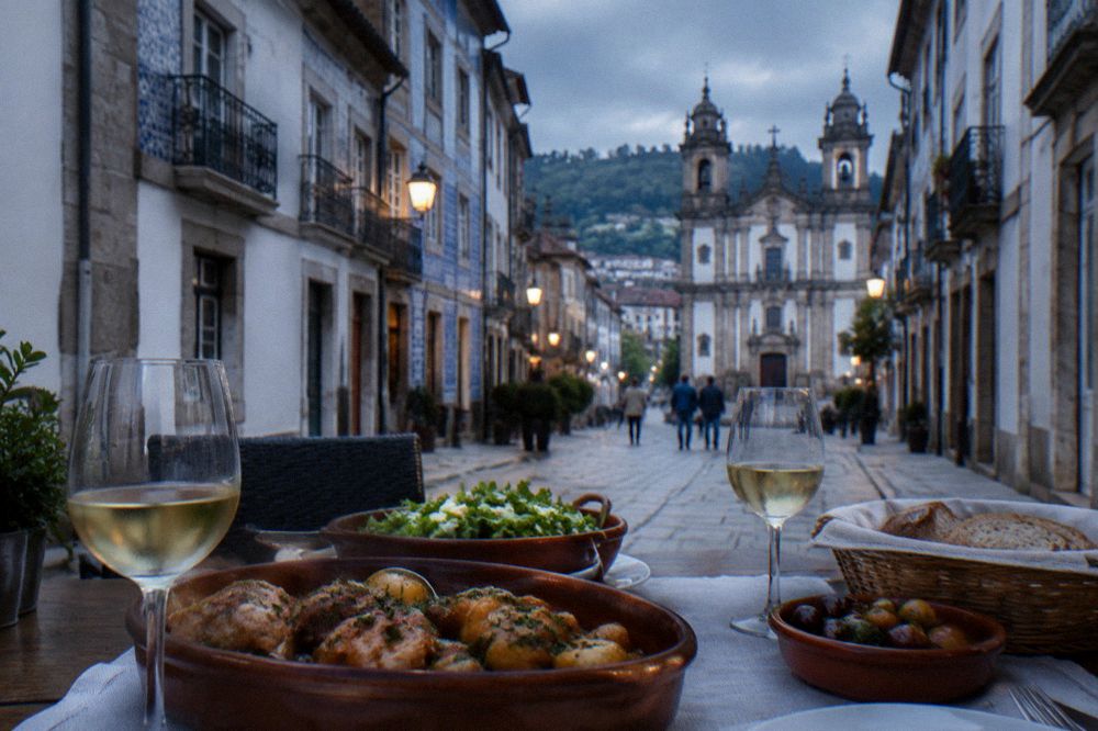 A table set with regional Portuguese dishes and glasses of white wine at a Braga restaurant