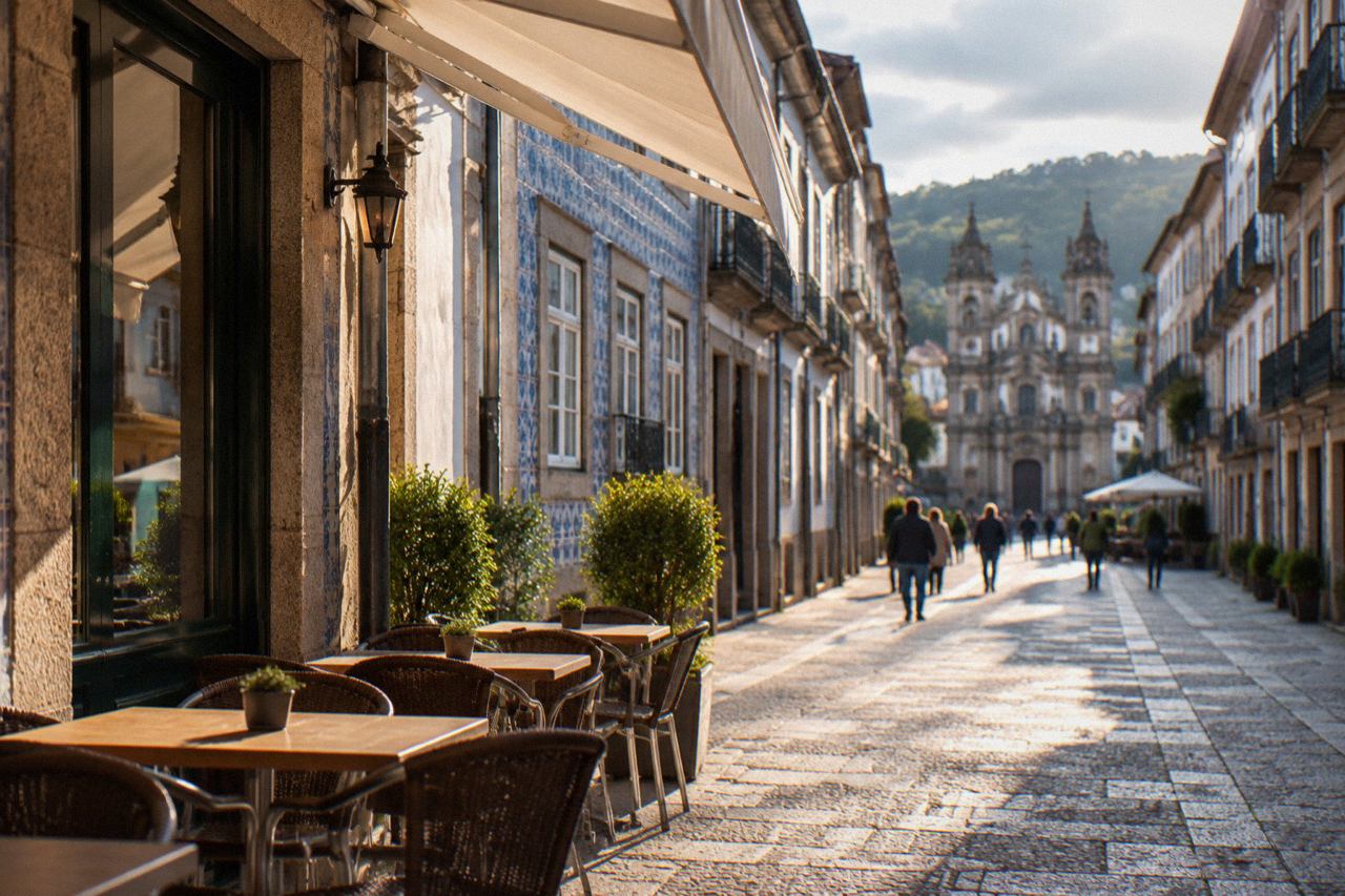 The facade and terrace of a traditional Portuguese cafe on a sunny street in Braga