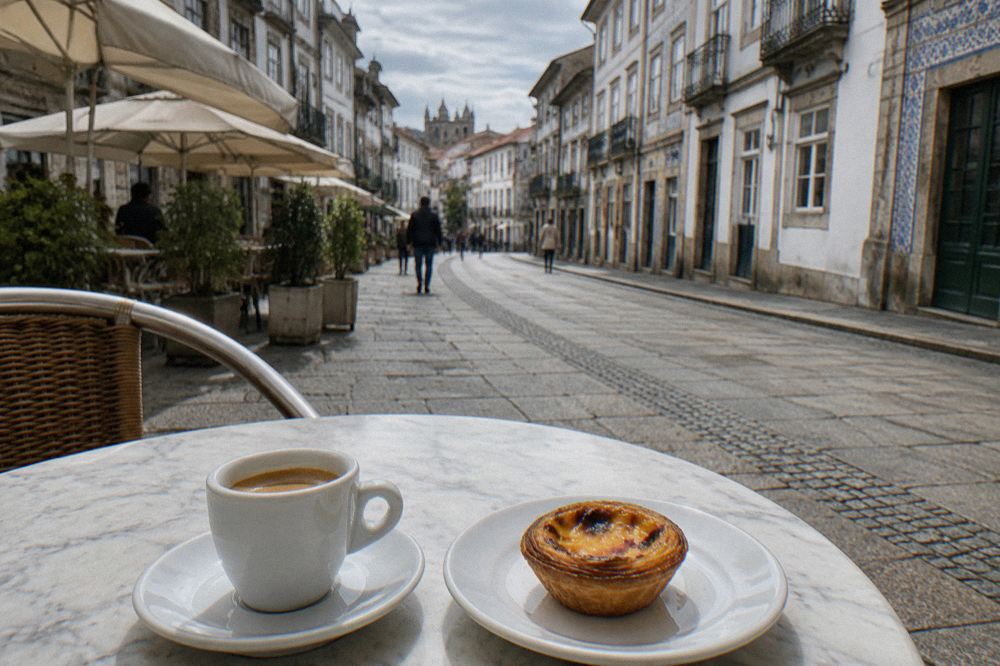 An espresso cup and a custard pastry on a marble cafe table