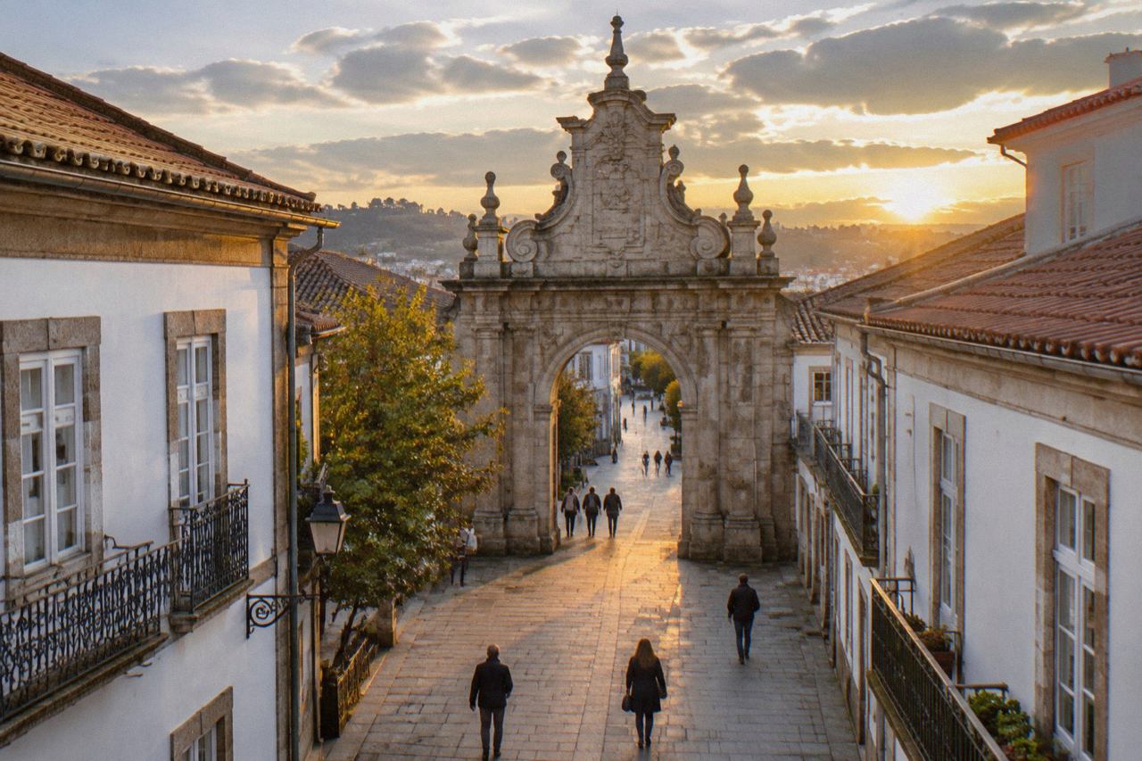 The ornate stone archway of the Arco da Porta Nova standing over a pedestrian street in Braga at golden hour
