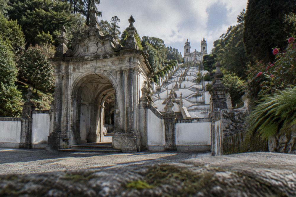 The monumental Portico gateway at the foot of the Bom Jesus stairway in Braga