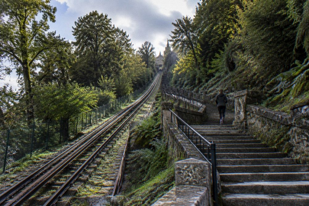 The funicular track seen from the stairway zigzagging up through the wooded hillside at Bom Jesus do Monte