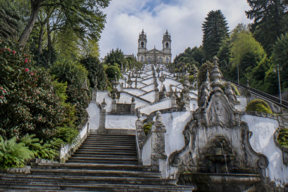 One of the ornate fountains on the Escadório stairway at Bom Jesus do Monte with carved stone figures