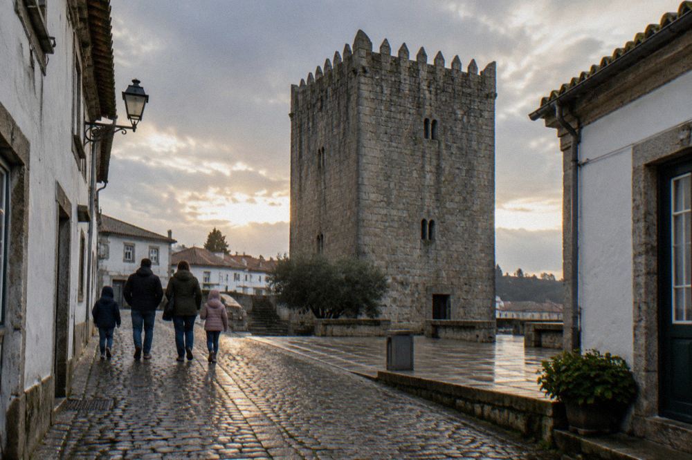 Family walking up a cobbled lane between old whitewashed houses