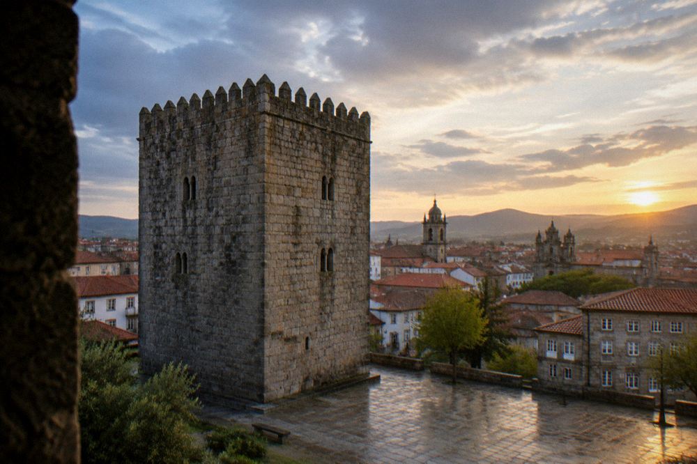 View over a dense old city with church towers and tiled rooftops at golden hour