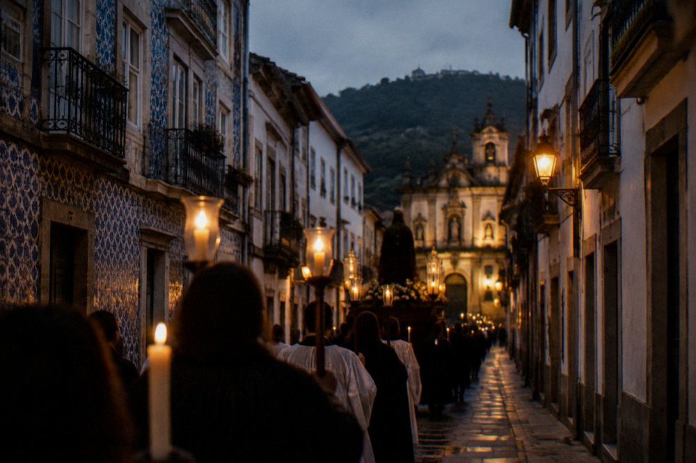 A candlelit religious procession moving through a narrow street in Braga at night