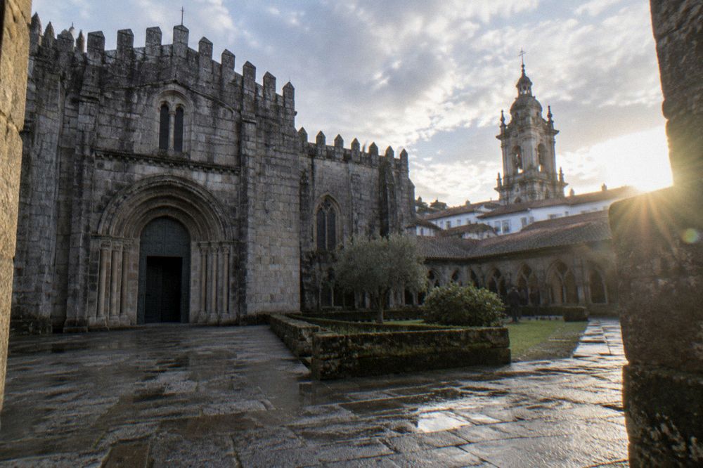 The baroque bell tower of Braga Cathedral rising above the rooftops of the old city