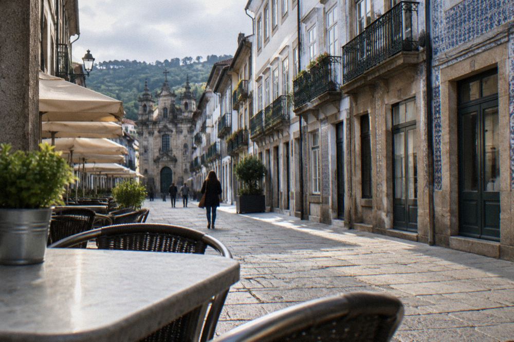 A pedestrian street with granite buildings and cafe tables in central Braga
