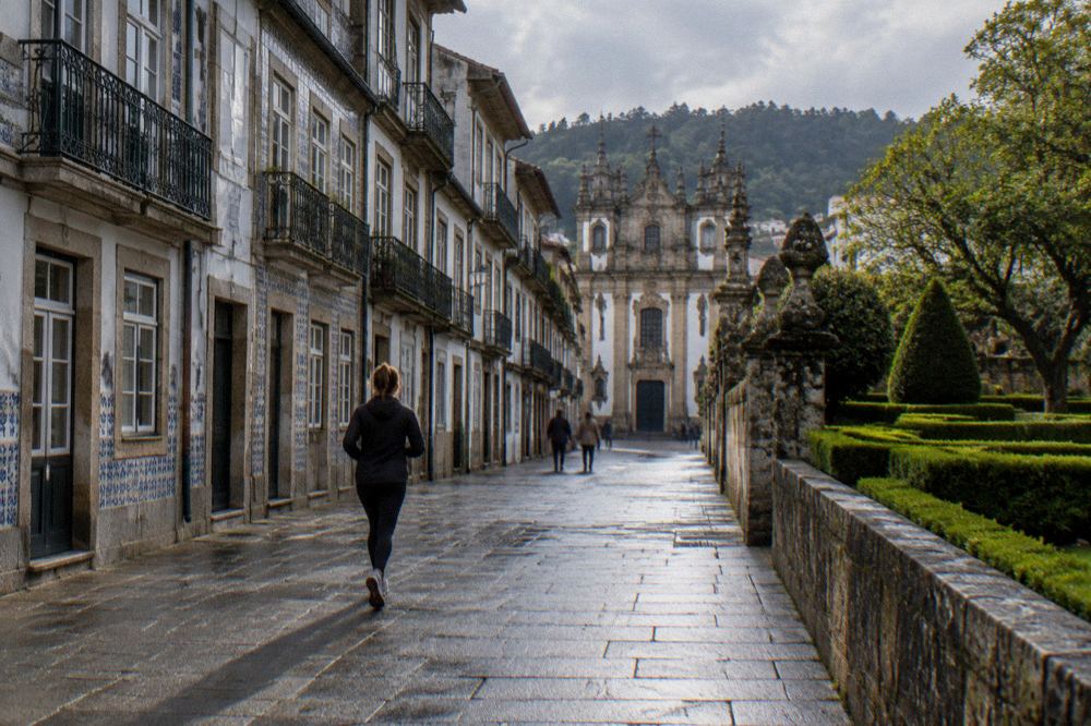 A formal garden with clipped hedges and a palace wall in Braga