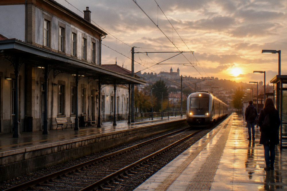 A train arriving at a Portuguese railway station platform