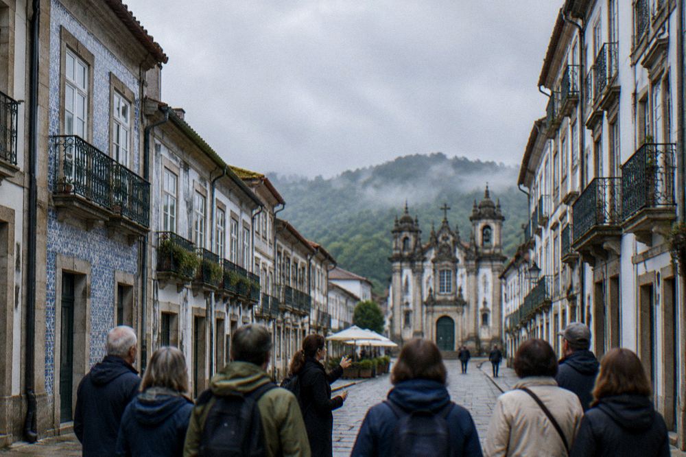 A guided walking group listening to a guide in a historic Braga street