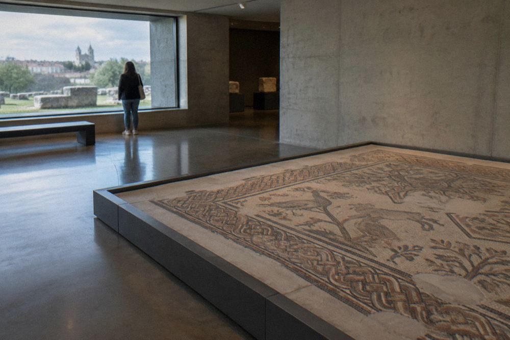 Roman mosaic floor displayed at visitor eye level in a museum room