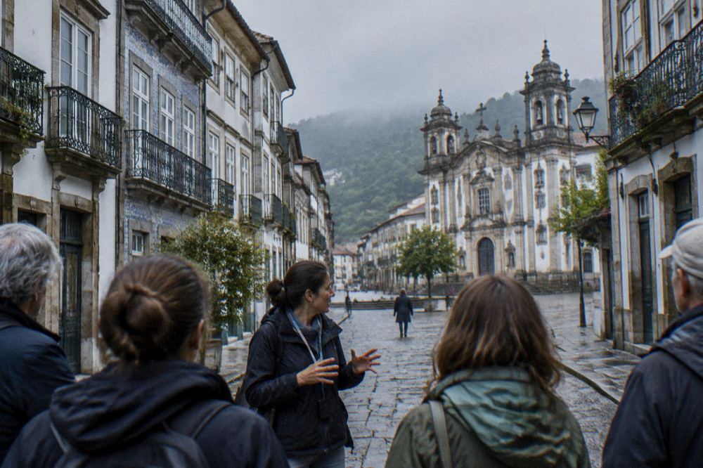 A tour guide speaking to a small group on a cobbled square in Braga