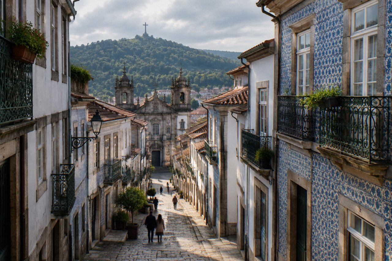 Wooded hillside park overlooking the city of Braga with a summit cross on the horizon