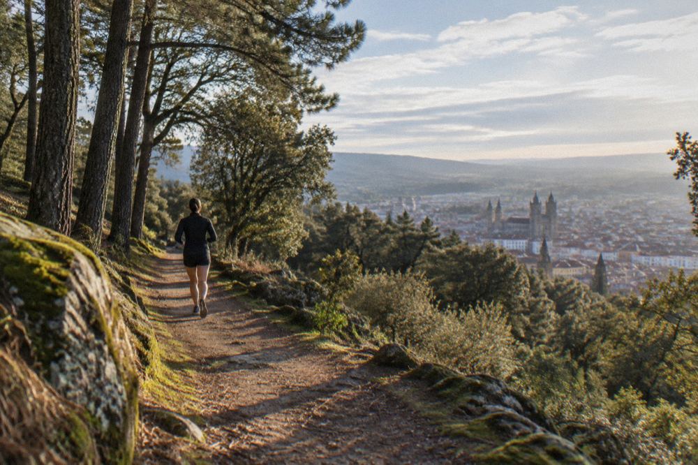 A sunny view from a hilltop clearing over a city with church towers on the skyline