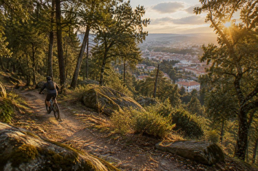 A cyclist riding a path through sunlit woodland at the edge of a city park