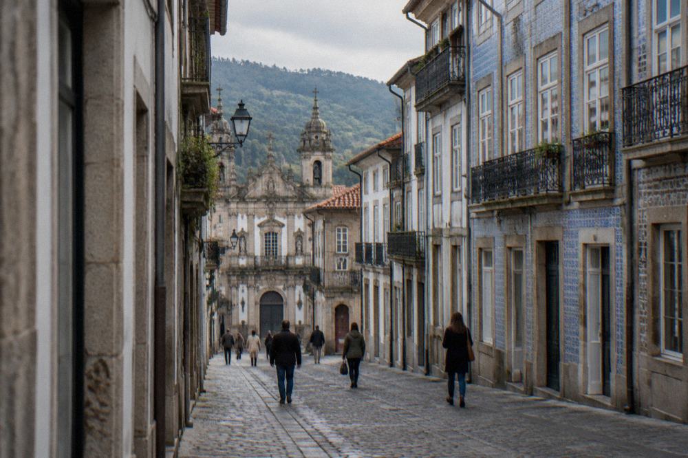 A narrow cobblestone street in Braga's historic centre with old buildings and pedestrians