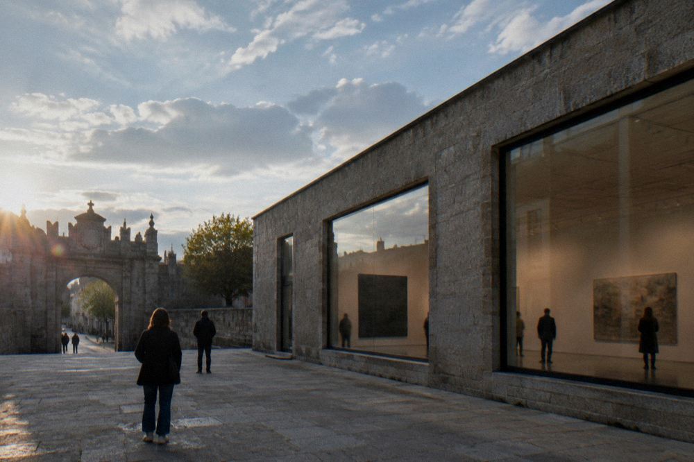 A contemporary art gallery interior with tall ceilings and visitors looking at large works