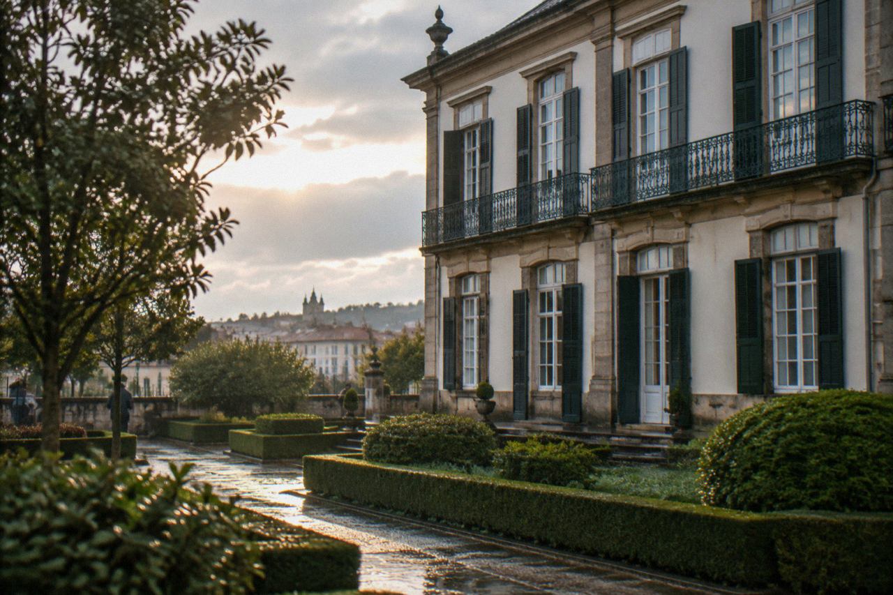 The garden facade of a Portuguese museum building with trimmed hedges and stone paths
