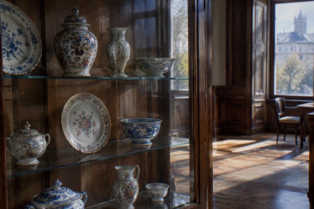 A display case of antique ceramics and porcelain arranged on shelves in a wood-panelled room