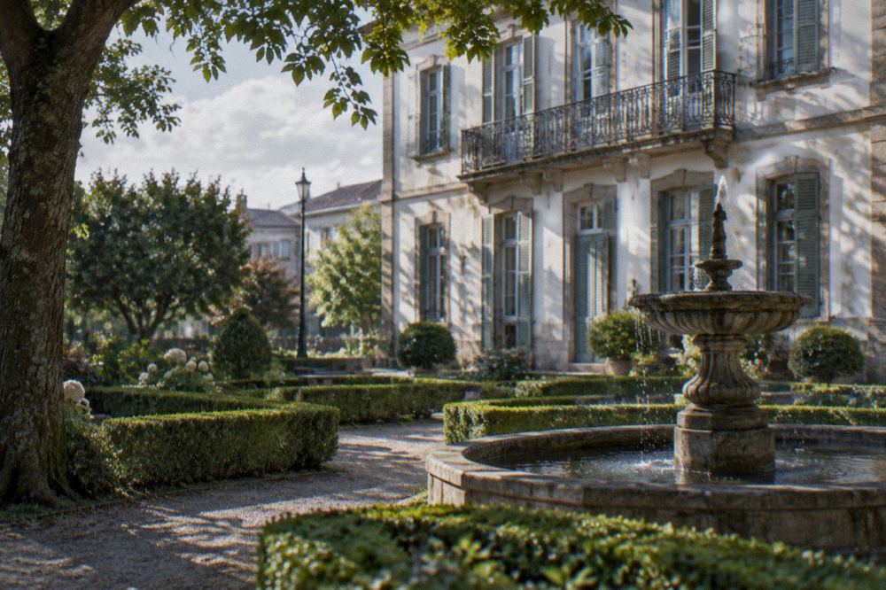 A quiet formal garden with clipped hedges, a stone fountain and dappled shade under trees