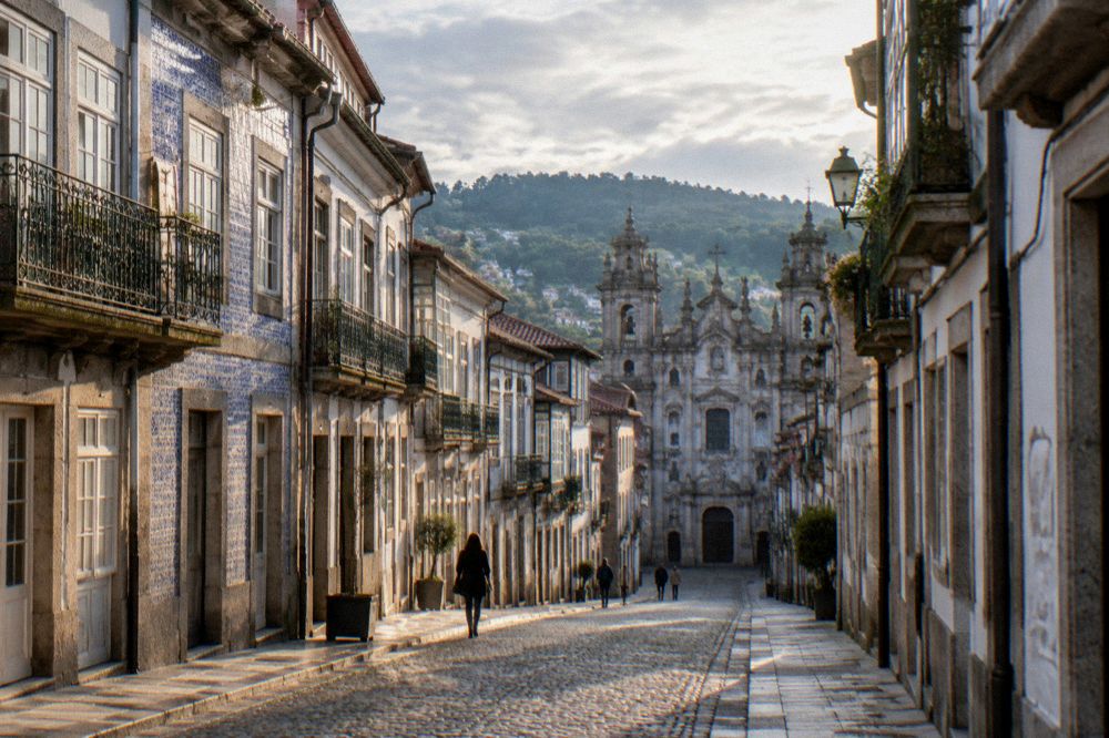 A cobblestone street in a Portuguese historic centre with baroque buildings in morning light