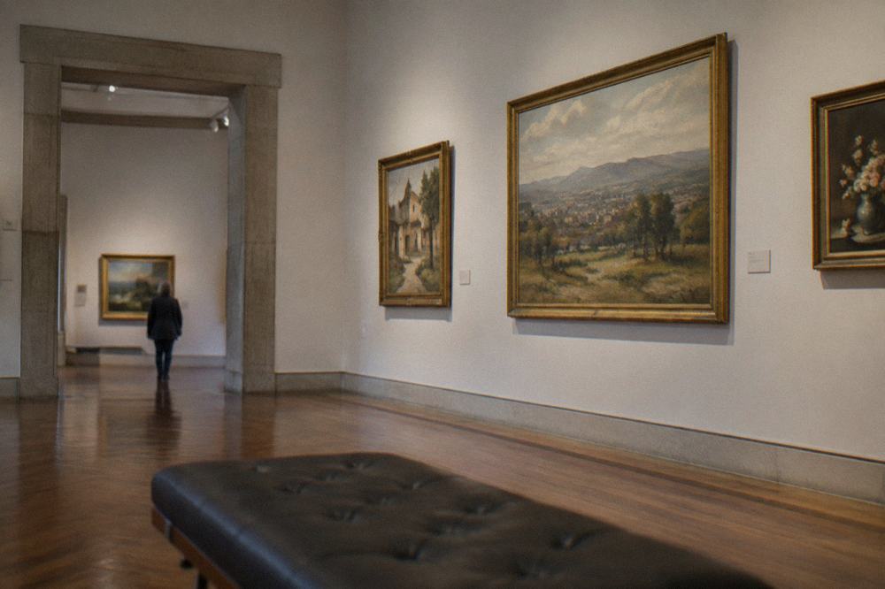 Framed paintings hanging on a pale wall in the Medina Gallery of the Museu Pio XII