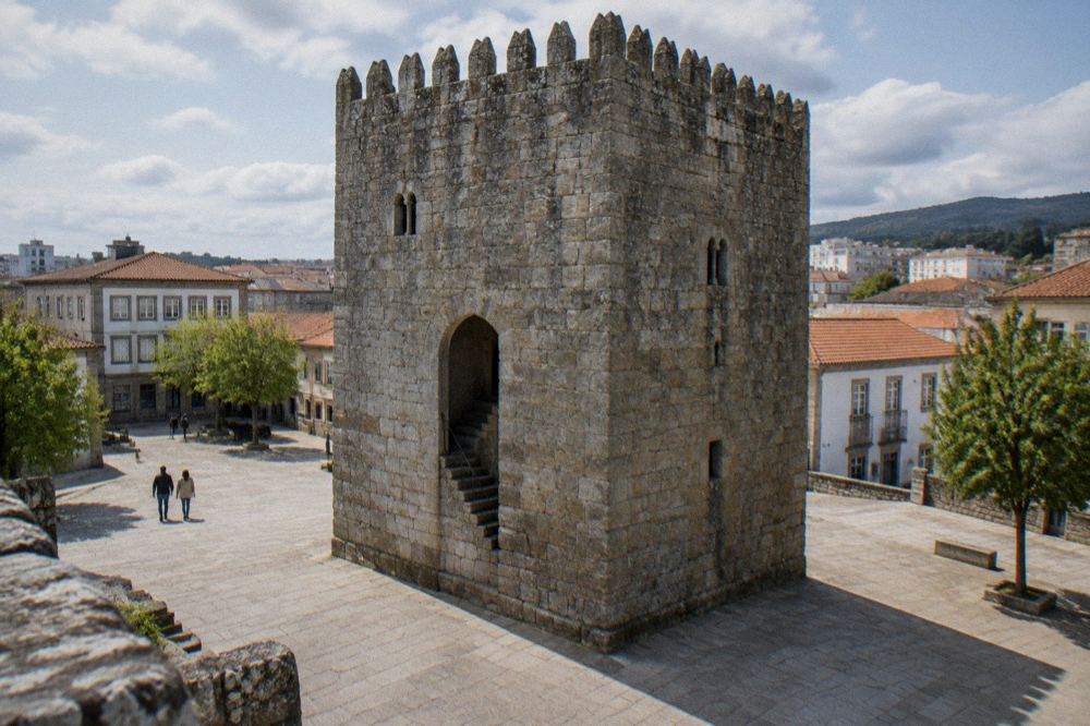 The granite Medieval Tower of Braga seen from below with its stone staircase visible through an opening