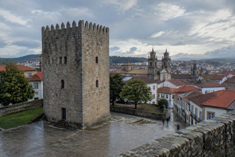 The rooftop view from the Medieval Tower over Braga's historic centre with the cathedral towers in the distance