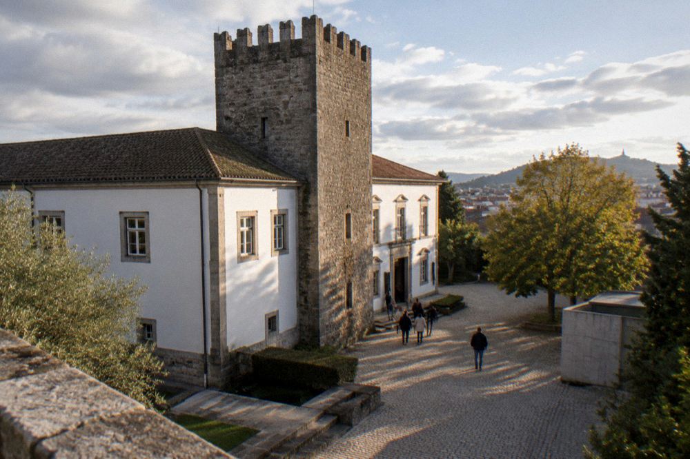 Late afternoon light on the Museu Pio XII courtyard with visitors at the entrance