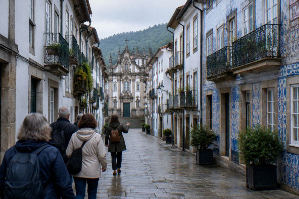 Small group of visitors following a guide along a granite-paved street in a Portuguese historic centre