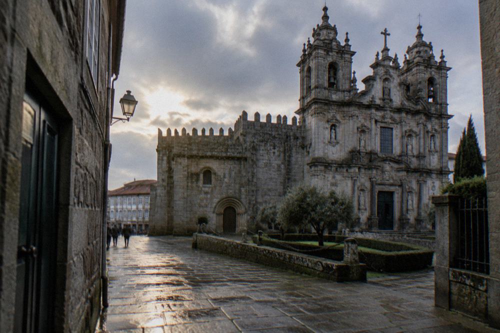 The baroque façade of the Sé de Braga seen from a lane in the historic centre