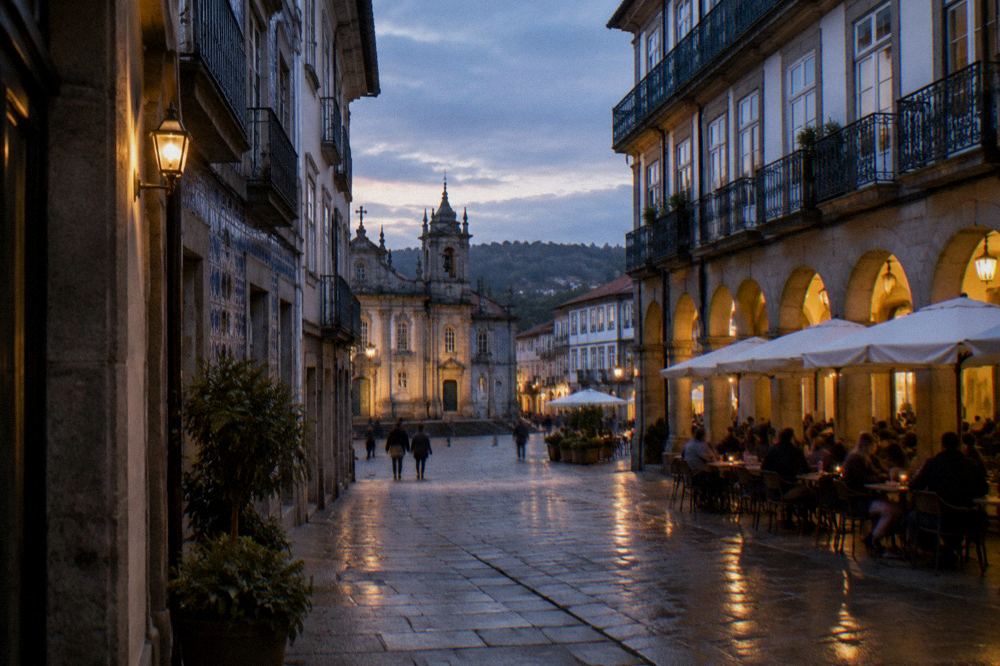 Evening light on the square with the Arcada façades lit and people seated at outdoor tables