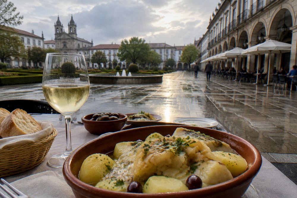 A table of Minho dishes, salt cod, bread and a glass of vinho verde at a restaurant near the square