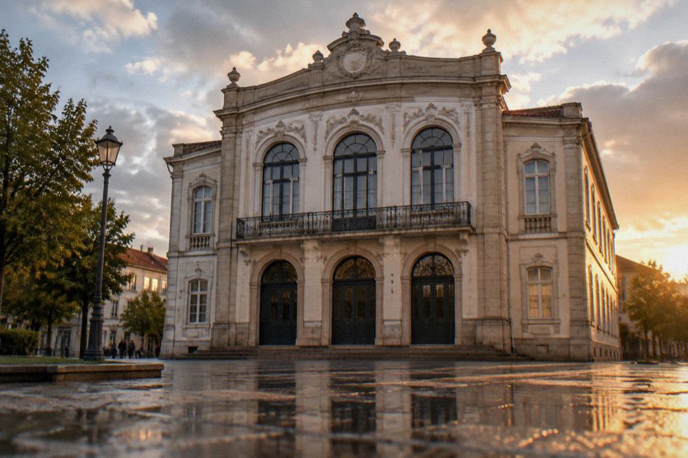 A historic theatre façade on a square at the top of a pedestrian street in Braga