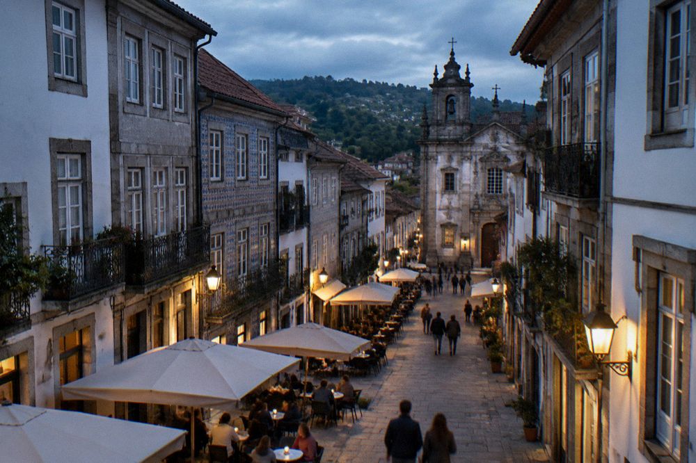 A pedestrian street lit by evening lights with people sitting at café tables in Braga